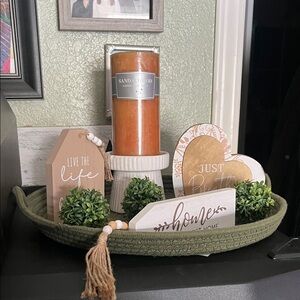 Weaved Decorative Tray with Orange Candle and Home Accents with faux plants